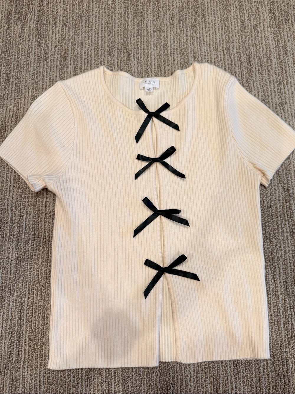 Cream Ribbed Short-Sleeve Top with Black Bow Detail
